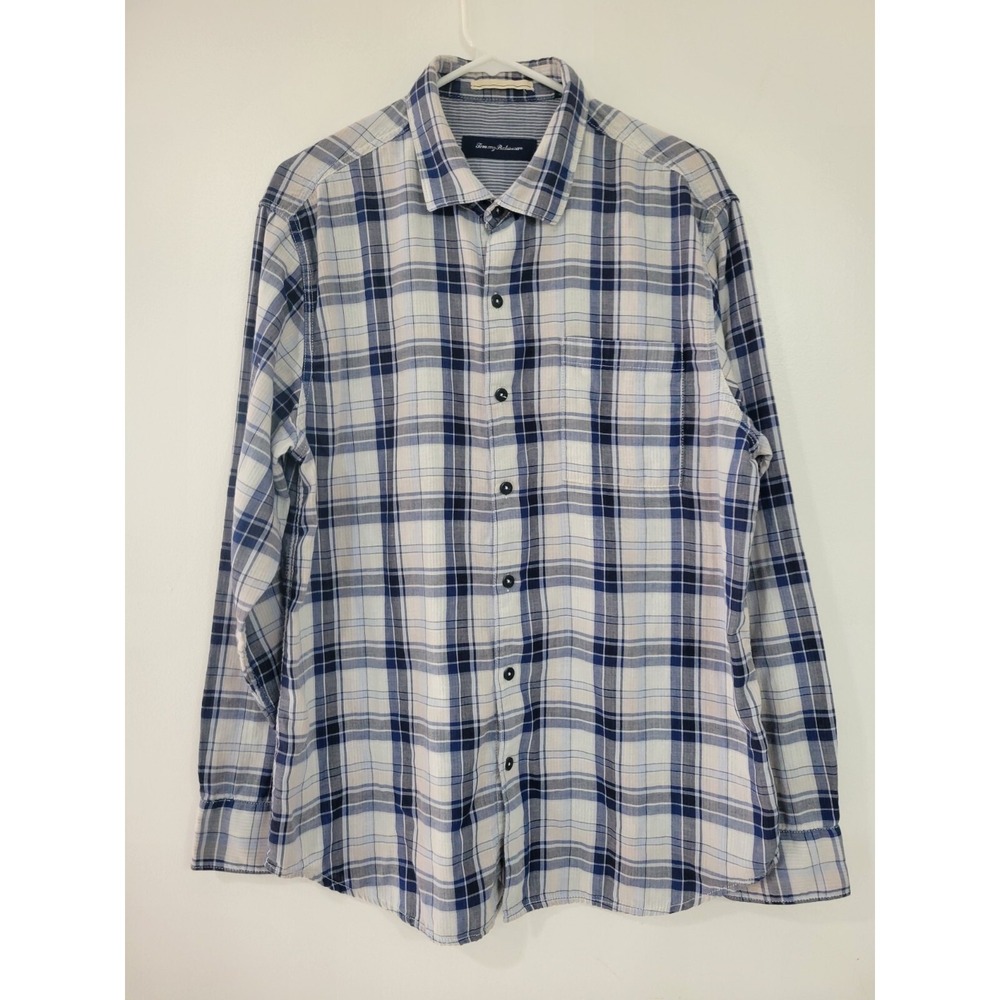 Tommy Bahama Shirt Blue Plaid Long Sleeve Large *Flaw*
